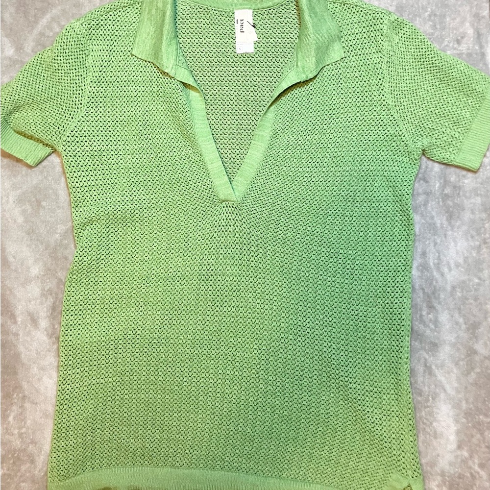 Pact Light Green Short Sleeveβ Knit Top Crochet V/Neck Linen Cotton Beach Preppy